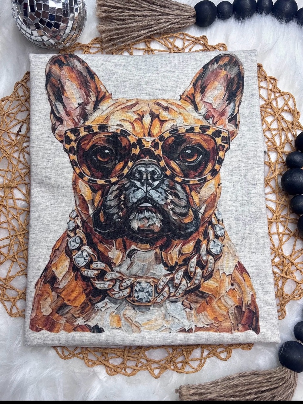 Glitz glam boujee frenchie dog rhinestone necklace graphic tunic top tee top